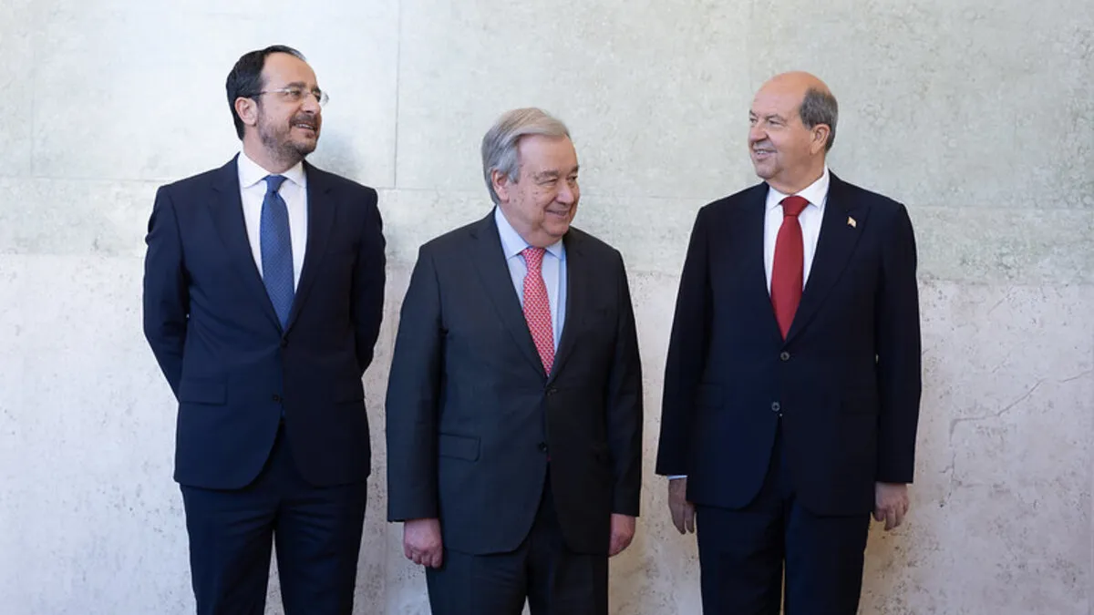The Secretary-General with the Greek Cypriot leader, Nikos Christodoulides, and the Turkish Cypriot leader, Ersin Tatar