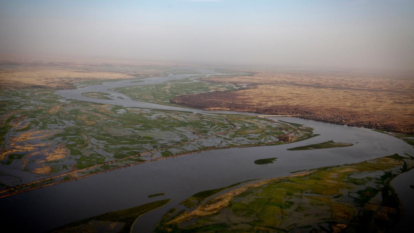 An aerial view of the Niger River near Gao,  Mali.