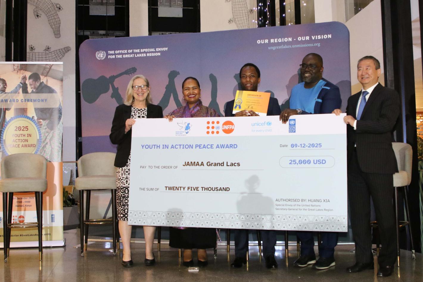 1.	Grand Prize of US$25,000 to JAMAA Grand Lacs (DRC) Recognized for their powerful work supporting the community reintegration of conflict-affected youth, including former child soldiers and ex-combatants, helping them rebuild their lives with dignity and purpose.