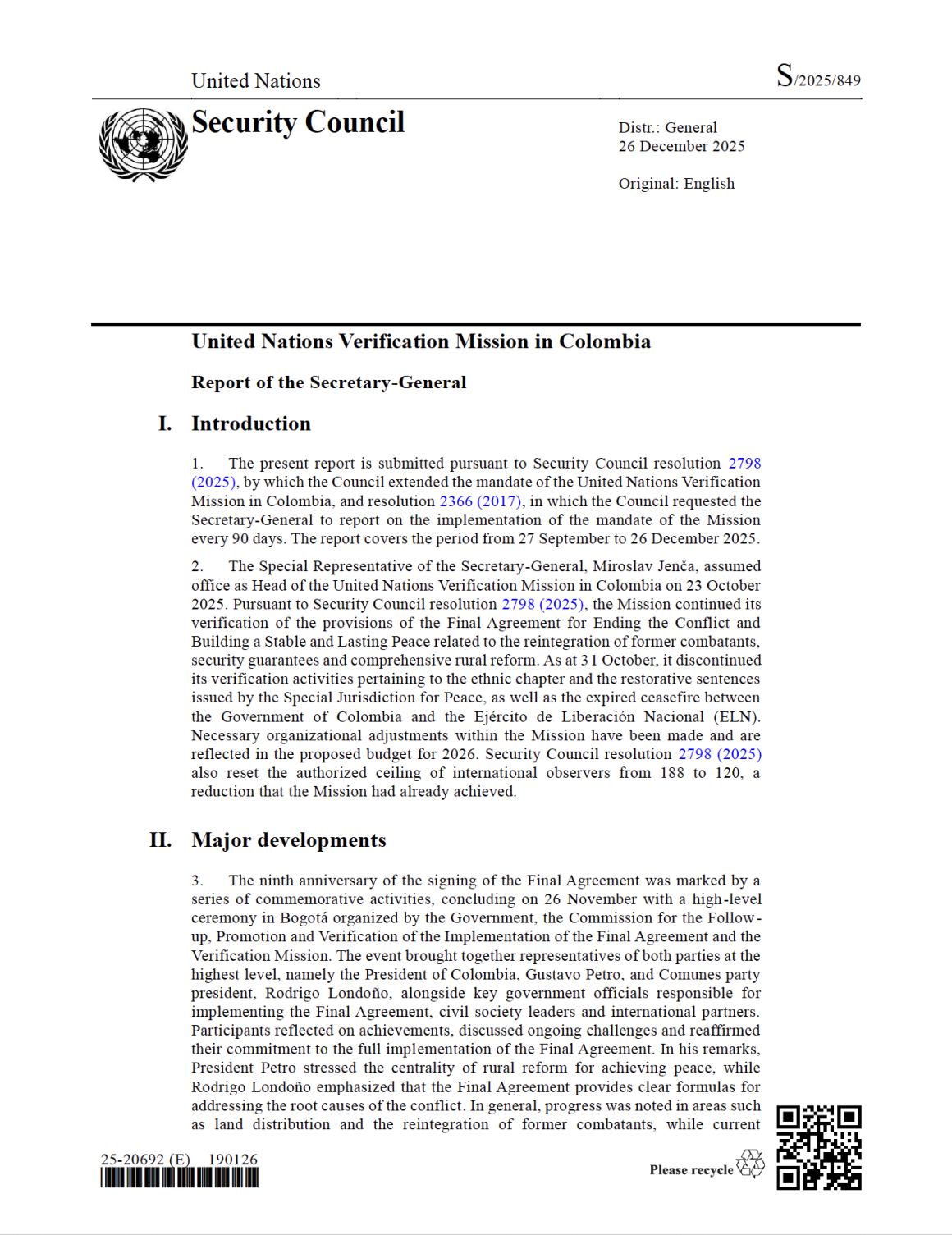 Report of the Secretary-General on the UN Verification Mission in Colombia S/2025/849